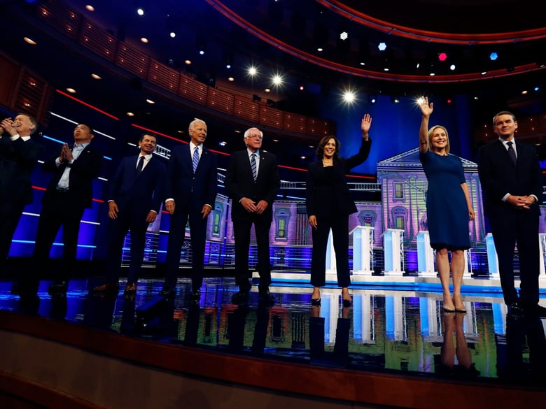 Democratic presidential candidates on the second night of the Democratic primary debate hosted by NBC News in Miami.