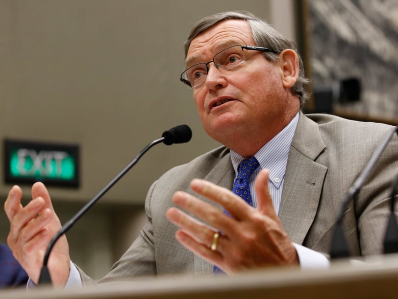 Timothy White, chancellor of the California State University system, responds to a question from lawmakers during a joint legislative committee hearing in Sacramento, Calif., Monday, Aug. 12, 2019.