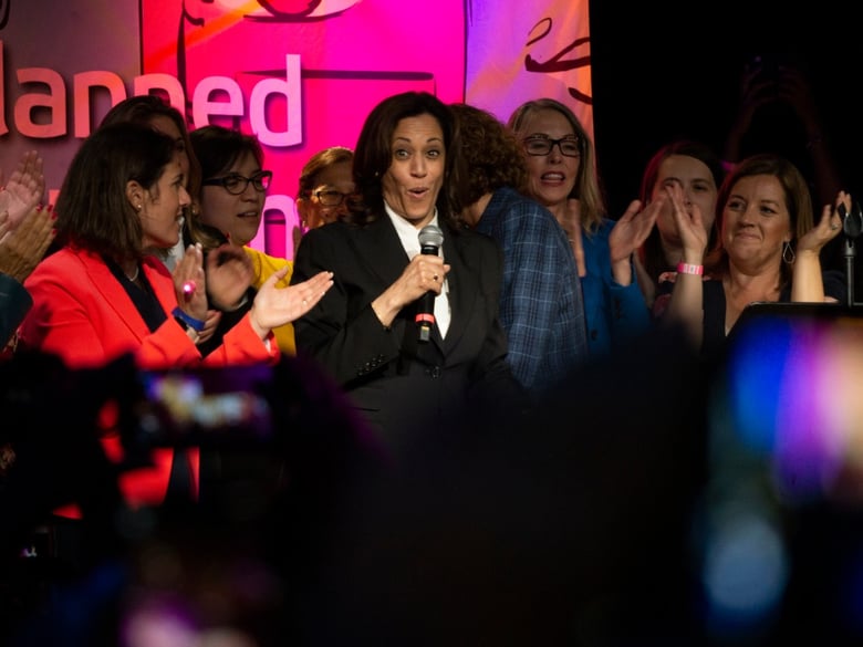 Kamala Harris surrounded by California legislators and other women at a Planned Parenthood event in downtown San Francisco on May 31, 2019.