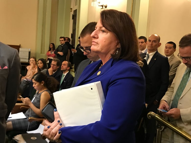 Sen. Toni Atkins watches the SB 1 debate on the Assembly floor.