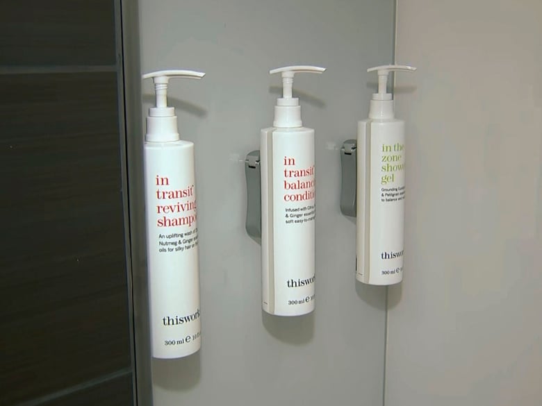 This Tuesday, Aug. 27, 2019 file image made from video shows bottles of shampoo, conditioner and shower gel that will replace smaller bottles of them by 2021.