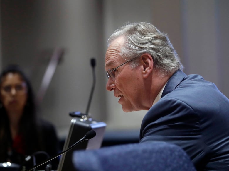 Pacific Gas and Electric Company (PG&E) CEO Bill Johnson speaks during a California Public Utilities Commission meeting in San Francisco, Friday, Oct. 18, 2019.