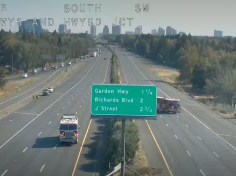 Caltrans camera images of Interstate 5 shutdown at Interstate 80 due to a grass fire Sunday, Oct. 27, 2019.
