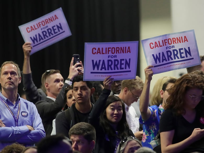 Supporters of Democratic presidential candidate Sen. Elizabeth Warren, D-Mass., hold up signs as she speaks during the 2019 California Democratic Party State Organizing Convention in San Francisco, Saturday, June 1, 2019.