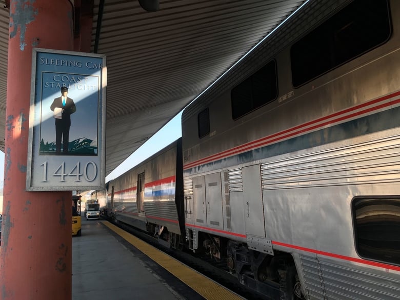 This Dec. 16, 2017 photo shows Amtrak's Coast Starlight train at Union Station in Los Angeles.