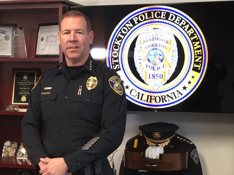 Stockton Police Chief Eric Jones announces his department's new strategic plan.