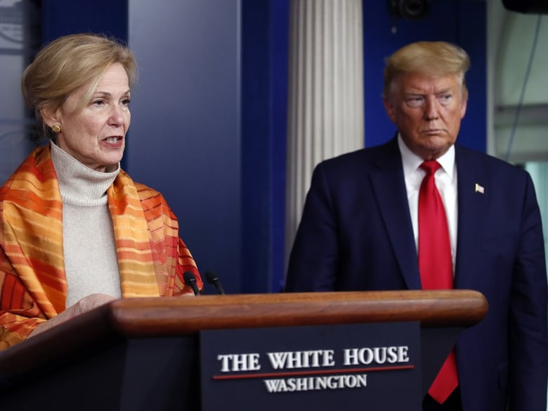 President Trump listens as Dr. Deborah Birx, White House coronavirus response coordinator, speaks about the pandemic on Friday, April 3, 2020.