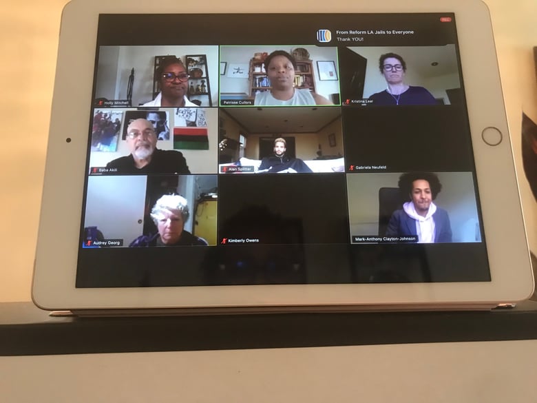 The pandemic has forced lawmakers to conduct legislative business remotely. Here, Sen. Holly Mitchell, upper left corner, meets with advocates via video conference from her home.