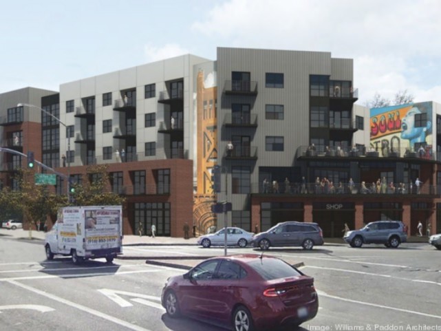 An artist rendering of a new five-story apartment/retail project planned at 16th and Broadway in Sacramento, the former site of both Tower Records and Dimple Records.