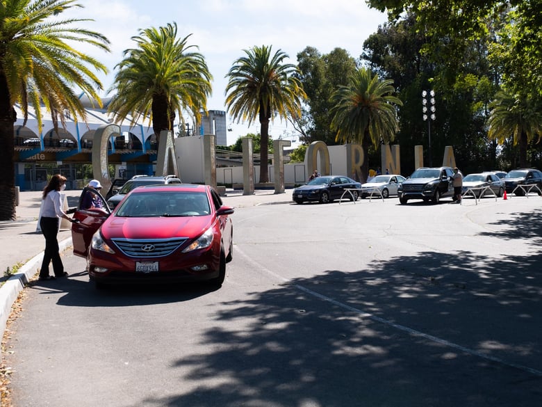 Food for 500 patrons is distributed to cars at Cal Expo Friday, May 22, 2020.