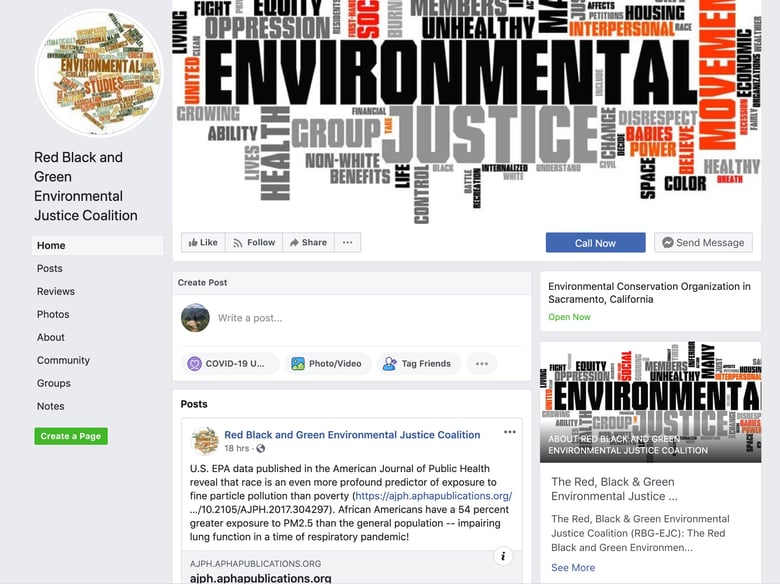 The Facebook page for the Red, Black and Green Environmental Justice Coalition