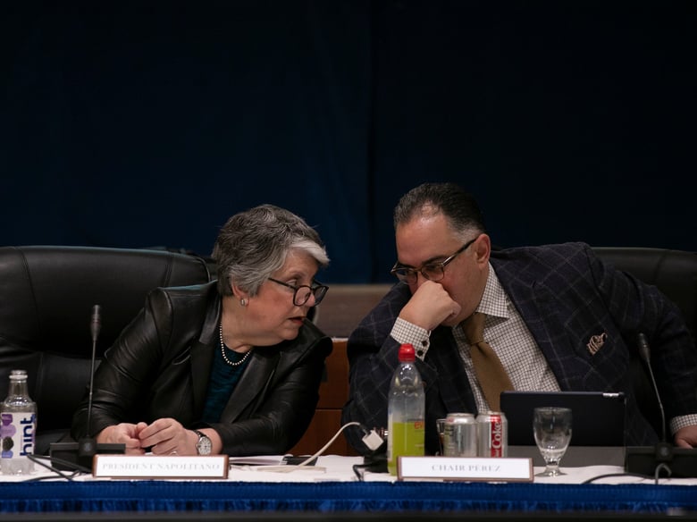 President of the University of California Janet Napolitano, left, and John A Perez, Chair of the UC Board of Regents speak before the start of the Regents meeting on January 23, 2020 at UCSF Mission Bay Conference Center.