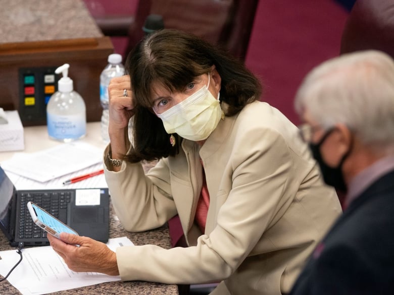 Nevada Assemblywoman Robin Titus looks toward a colleague on the sixth day of the 31st Special Session of the Nevada Legislature in Carson City on Tuesday, July 14, 2020.