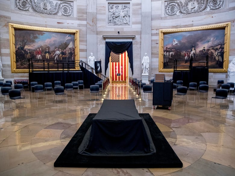 The catafalque for the casket of the late Rep. John Lewis, D-Ga., is visible in the center of the U.S. Capitol Rotunda in Washington, Friday, July 24, 2020, before he lies in state Monday.