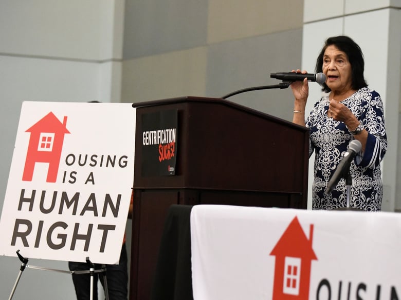 Dolores Huerta speaks at "Empowering La Communidad," a community town hall on gentrification and its effects on Los Angeles' latinx communities on Saturday, Oct. 26, 2019 in Los Angeles.