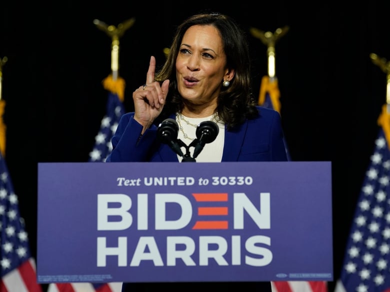 Democratic presidential candidate former Vice President Joe Biden's running mate Sen. Kamala Harris, D-Calif., speaks during a campaign event at Alexis Dupont High School in Wilmington, Del., Wednesday, Aug. 12, 2020.