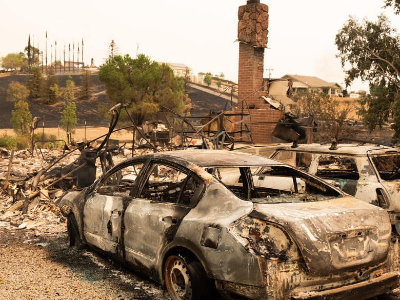 English Hills Road in Vacaville had lost some structures in the LNU Lightning Complex fires on August 19, 2020, while some others were seemingly undamaged by fire.