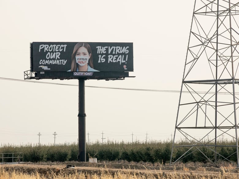A billboard encouraging drivers to wear a mask posted along I-80 outside of Vacaville on Aug. 28, 2020.