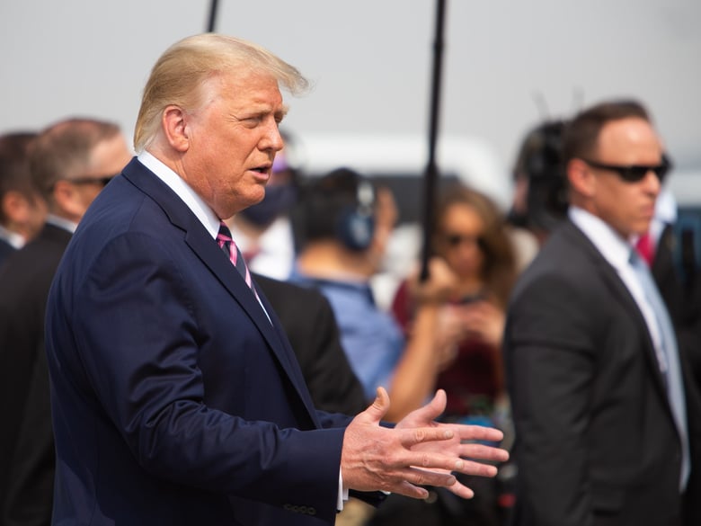 President Donald Trump addresses reporters at McClellan Park, Monday, Sept 14, 2020.