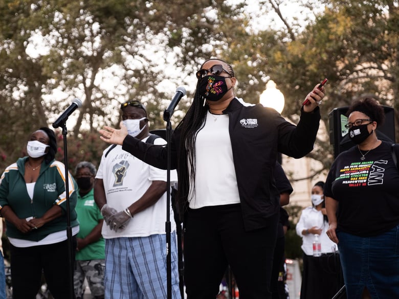 Kindra Montgomery speaks at the Monday night event in Cesar Chavez Park addressing Sacamento's weekend gun violence, Oct. 5, 2020.