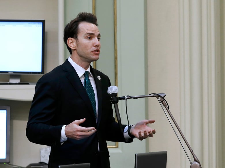 In this photo taken Monday, June 10, 2020, Assemblyman Kevin Kiley, R-Rocklin, speaks at the Capitol in Sacramento, Calif.