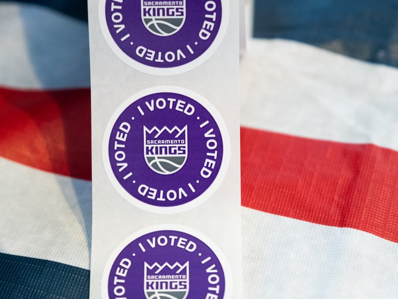 Voters can get a Sacramento Kings branded sticker after casting a ballot at the Golden1 Center, pictured Saturday, Oct. 24, 2020.
