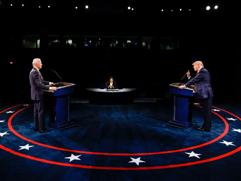 President Donald Trump and Democratic presidential candidate former Vice President Joe Biden participate in the final presidential debate at Belmont University, Thursday, Oct. 22, 2020, in Nashville, Tenn.
