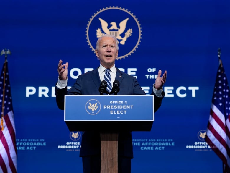 President-elect Joe Biden speaks at The Queen theater, Tuesday, Nov. 10, 2020, in Wilmington, Del.