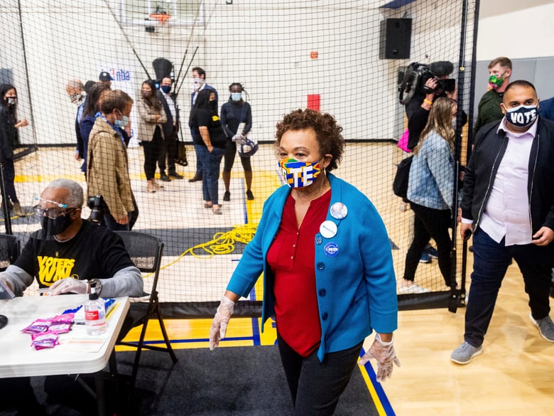 Rep. Barbara Lee, D-Calif., visits a polling location at the Golden State Warriors training facility on Tuesday, Nov. 3, 2020, in Oakland, Calif.