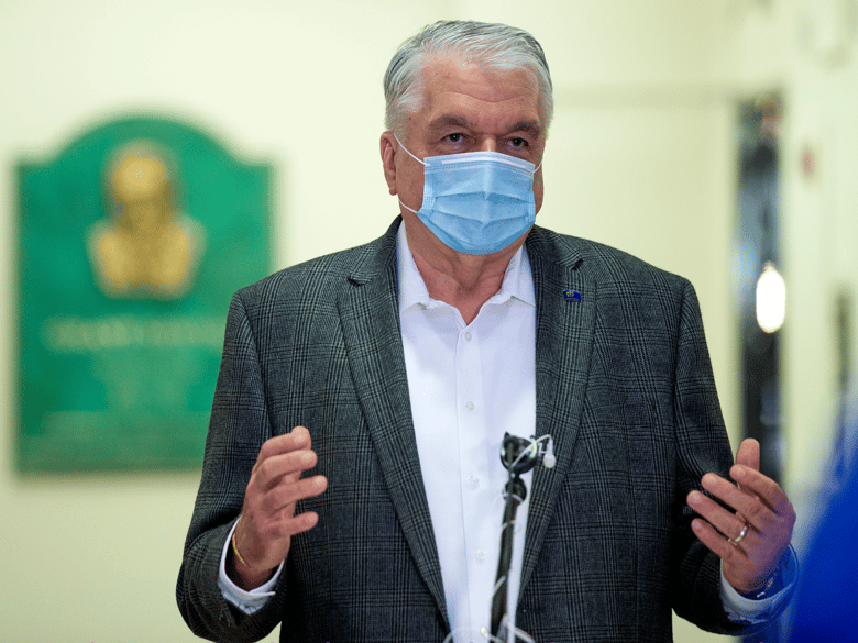 Nevada Gov. Steve Sisolak speaks during a news conference on the state's COVID-19 response where he announced a 45-day extension on the state's residential eviction moratorium Monday, Aug. 31, 2020, in Las Vegas.