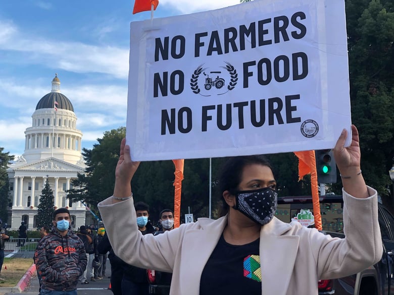 A demonstrator speaks out against India’s policies toward farmers at California’s state Capitol on Saturday.