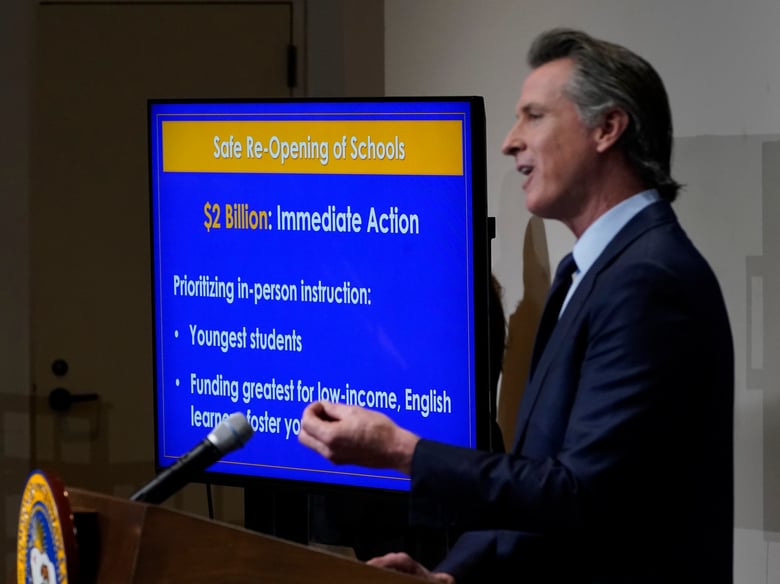 California Gov. Gavin Newsom outlines his 2021-2022 state budget proposal during a news conference in Sacramento, Calif., Friday, Jan. 8, 2021. Ne