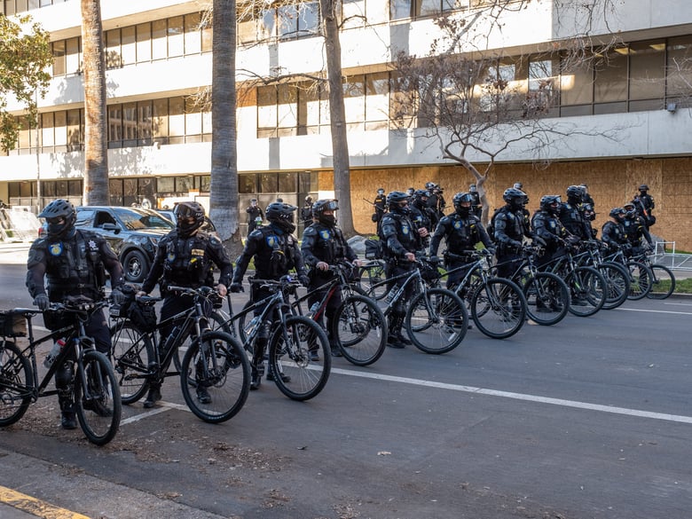 Sacramento Police form a line outside county DA office on Wednesday, Jan 20, 2021.