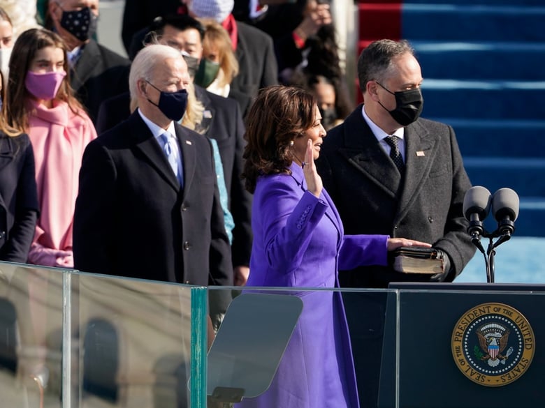 Californian Kamala Harris is sworn in as vice president by Supreme Court Justice Sonia Sotomayor as her husband Doug Emhoff holds the Bible during the 59th Presidential Inauguration at the U.S. Capitol in Washington on Jan. 20, 2021.
