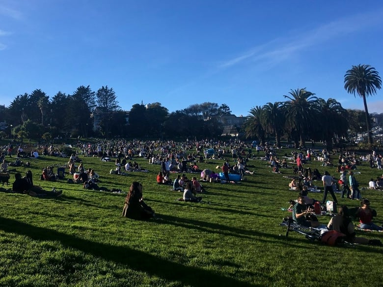 Crowds gather to enjoy the unseasonably warm weather at Dolores Park on Jan 16, 2021.