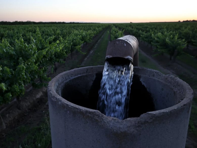 Well water is pumped into an irrigation system at a vineyard in Madera, California. California is suffering from drought, and farmers in the state's Central Valley are pumping more groundwater from their well.