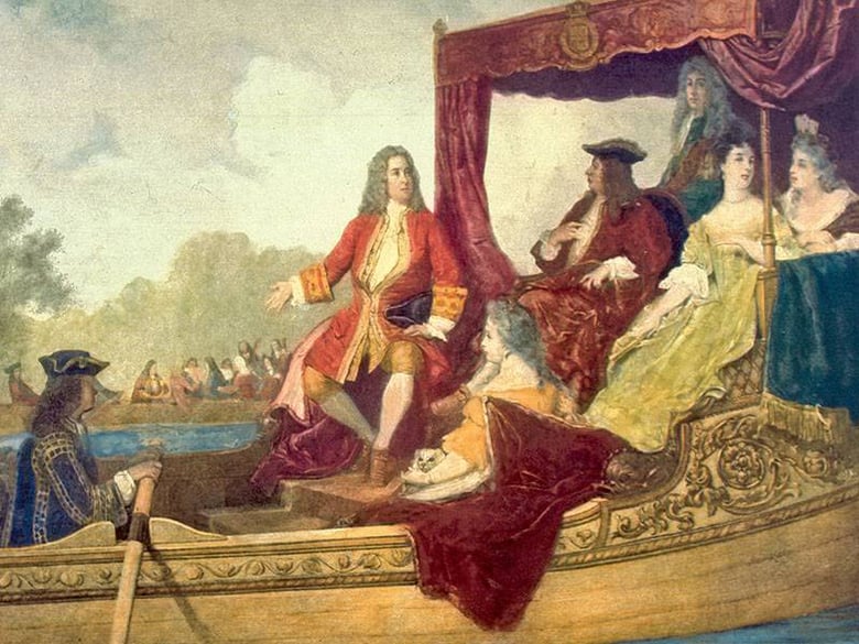  George Frideric Handel (arm extended) with King George I during the trip down the River Thames in 1717. Painting by Edouard Hamman (1819–88).