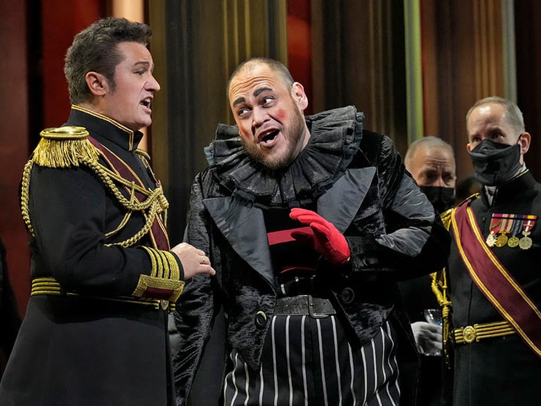 Piotr Beczała as the Duke of Mantua and Quinn Kelsey in the title role of Verdi's "Rigoletto." Photo: Ken Howard/Met Opera
