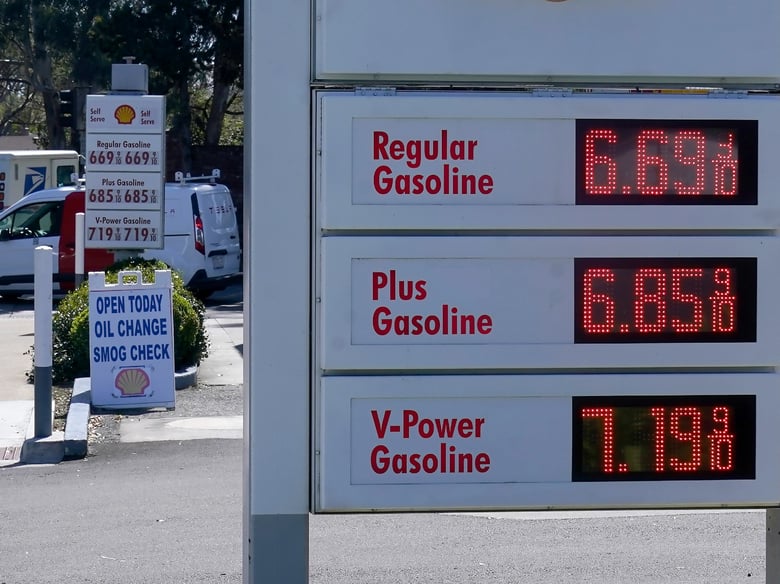 The gasoline price board is shown at a gas station in Menlo Park, Calif., on March 21, 2022.