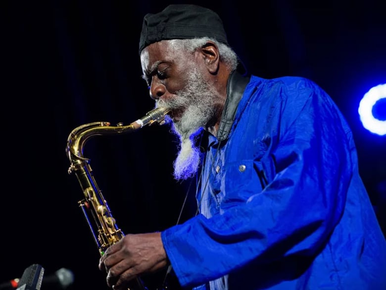 Pharoah Sanders performs at the Krakow Jazz Festival in Poland in 2018.