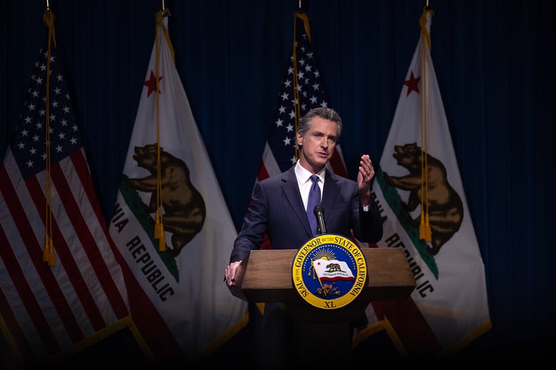 Gov. Gavin Newsom addresses the media during a press conference unveiling his 2024-25 January budget proposal at the Secretary of State Auditorium in Sacramento on Jan. 10, 2024. Gov. Gavin Newsom addresses the media during a press conference unveiling his 2024-25 January budget proposal at the Secretary of State Auditorium in Sacramento on Jan. 10, 2024.