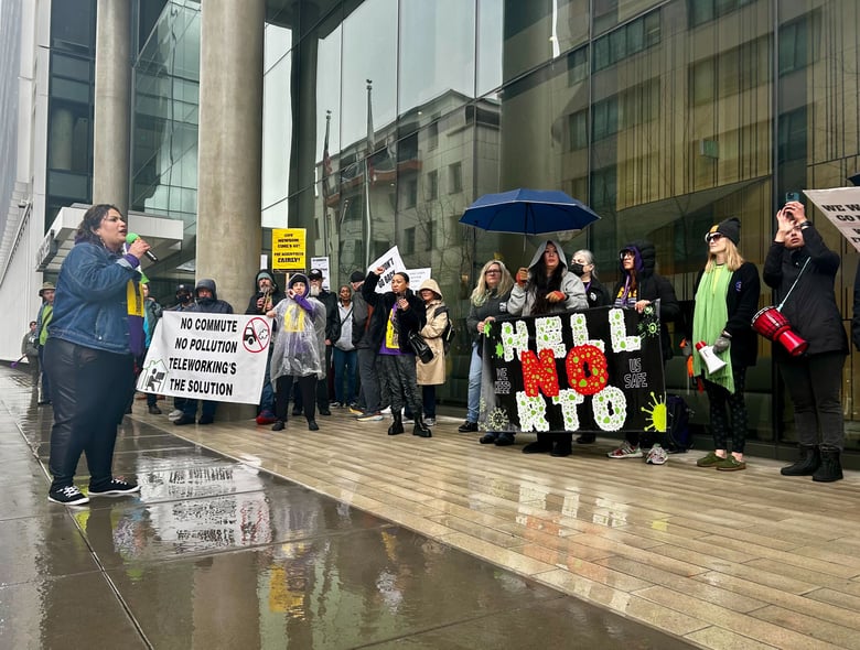 Dozens of state employees braved a downpour in downtown Sacramento on Friday afternoon to protest a return to office mandate outside the Capitol Swing Space on Friday, March 1, 2024.