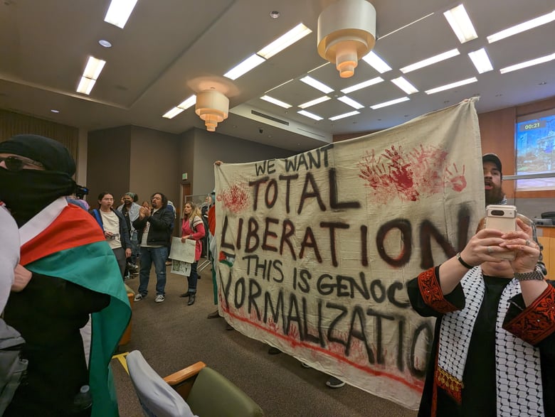 Protests during the Sacramento City Council's meeting to vote on a Gaza cease-fire resolution on March 19th, 2024.