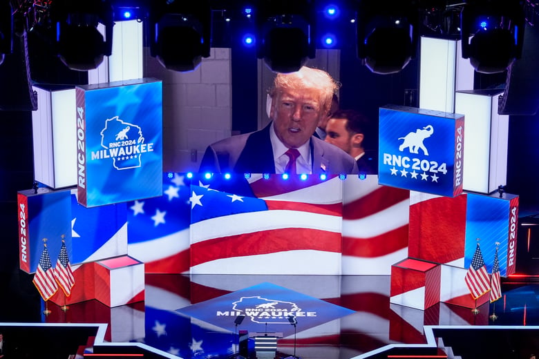 Republican presidential candidate former President Donald Trump is introduced during the Republican National Convention Monday, July 15, 2024, in Milwaukee.