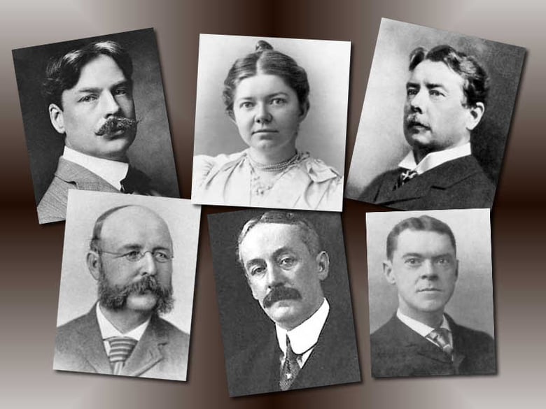 Top: Edward MacDowell, Amy Beach, George Chadwick. Bottom: John Knowles Paine, Horatio Parker, Arthur Foote.