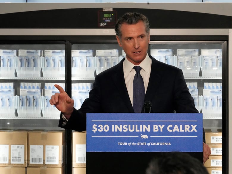 California Gov. Gavin Newsom comments on the current high prices of insulin during a visit to a Kaiser Permanente warehouse storing thousands of Insulin drug doses in Downey, Calif., on Saturday, March 18, 2023.
