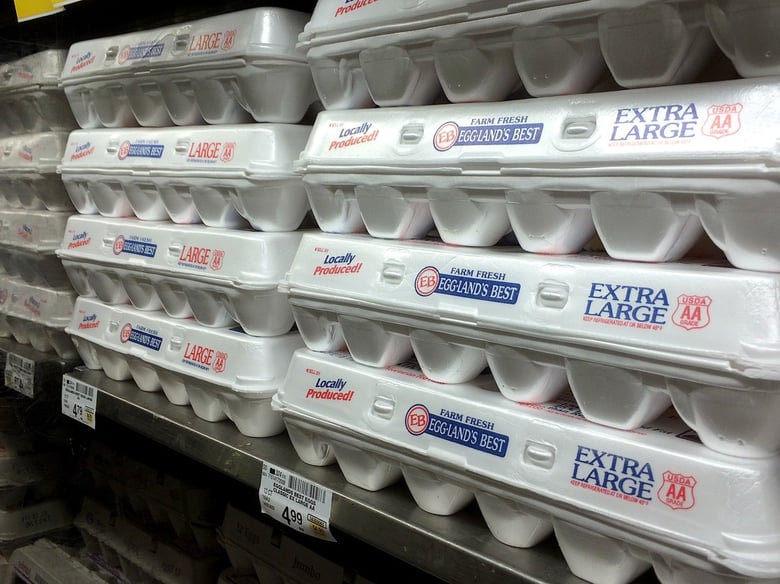This July 6, 2016 photos shows foam egg cartons displayed on a shelf at a market in San Francisco.