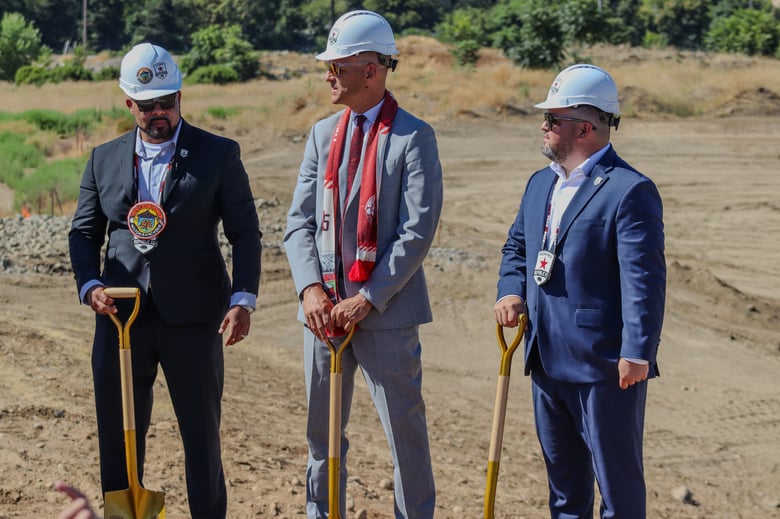 (From Left to Right) Wilton Rancheria Chairman Jesus Tarango, Mayor Kevin McCarty and Chris Franklin, of the Wilton Rancheria, at the Republic FC stadium groundbreaking in the Railyards, Monday, Aug. 18, 2025.