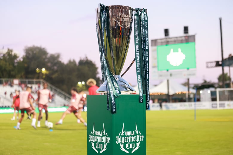 The USL Jägermeister Cup on display at Heart Health Park ahead of the final match Oct. 4, 2025. (Chris Felts/CapRadio)