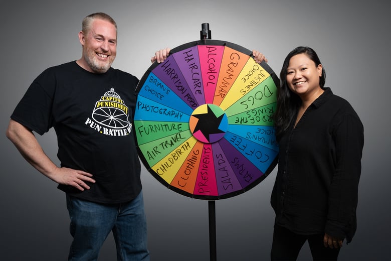 Damian Harmony and Justine Lopez, the pun bosses and coproducers of "Sacramento's Premier Pun Battle," Capitol PUNishment. Courtesy of Damian Harmony
